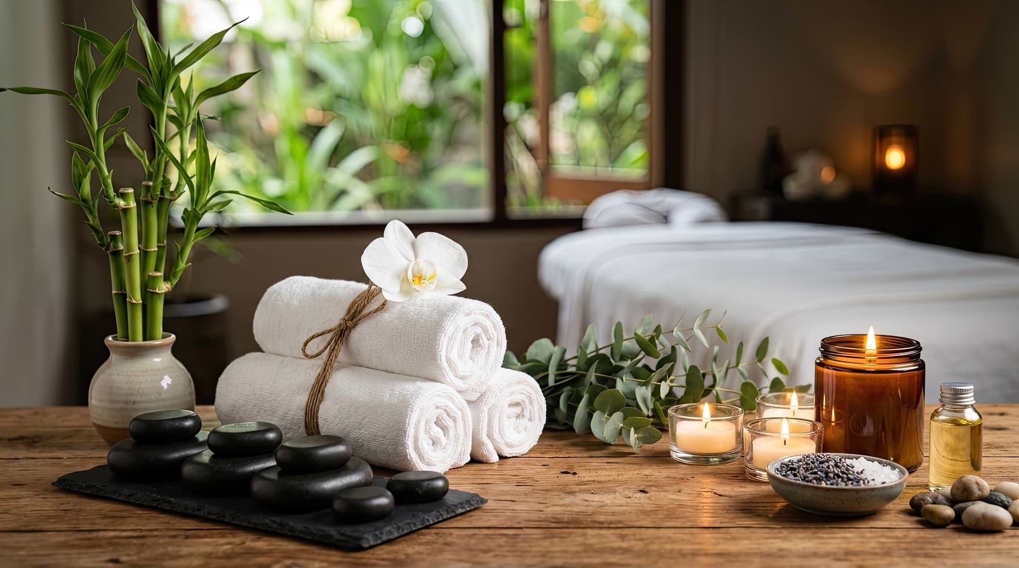 A warm treatment room with folded towels, candles, and natural wood