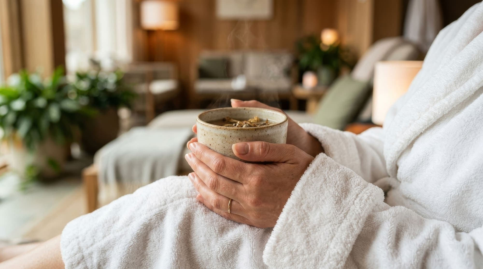 A guest cradling a warm bowl of tea in the RISE lounge