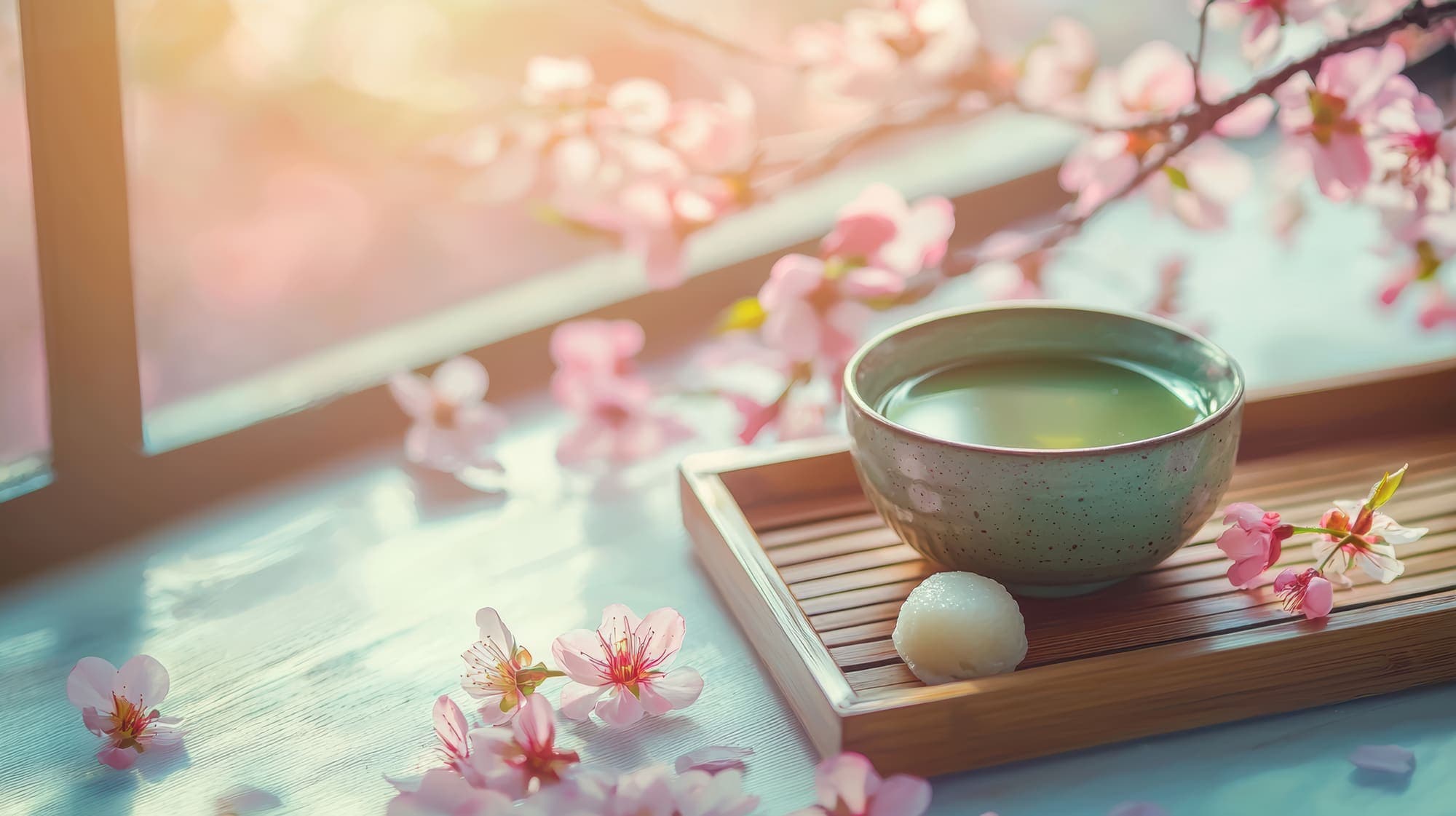 A bowl of tea beside cherry blossoms in soft window light